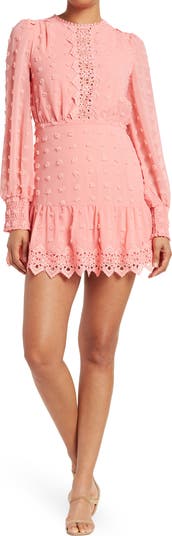 Rina Long Sleeve Dotted Chiffon Lace Trim Dress