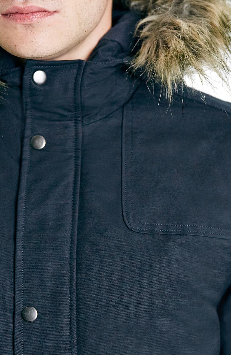 Topman Navy Heavyweight Fishtail Parka with Faux Fur Trimmed Hood, Alternate, color,