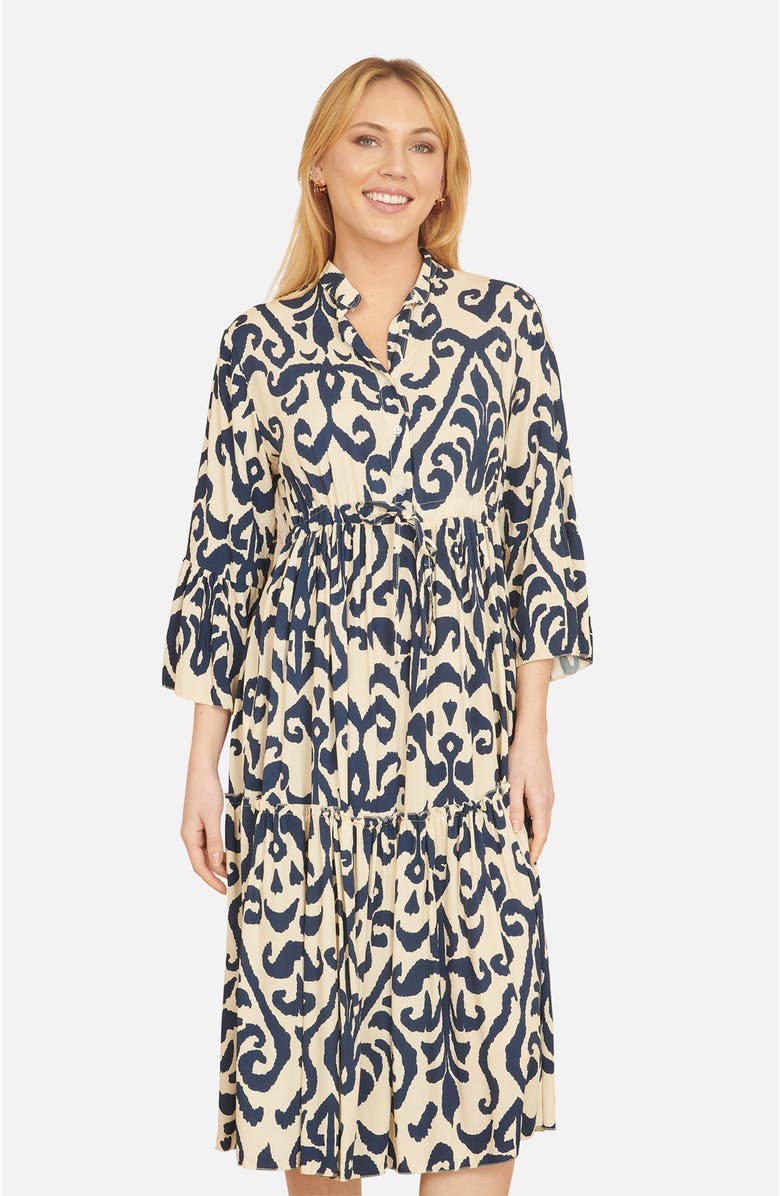 Yumi 3/4 Sleeve Block Print Kaftan Dress, Alternate, color, Ivory
