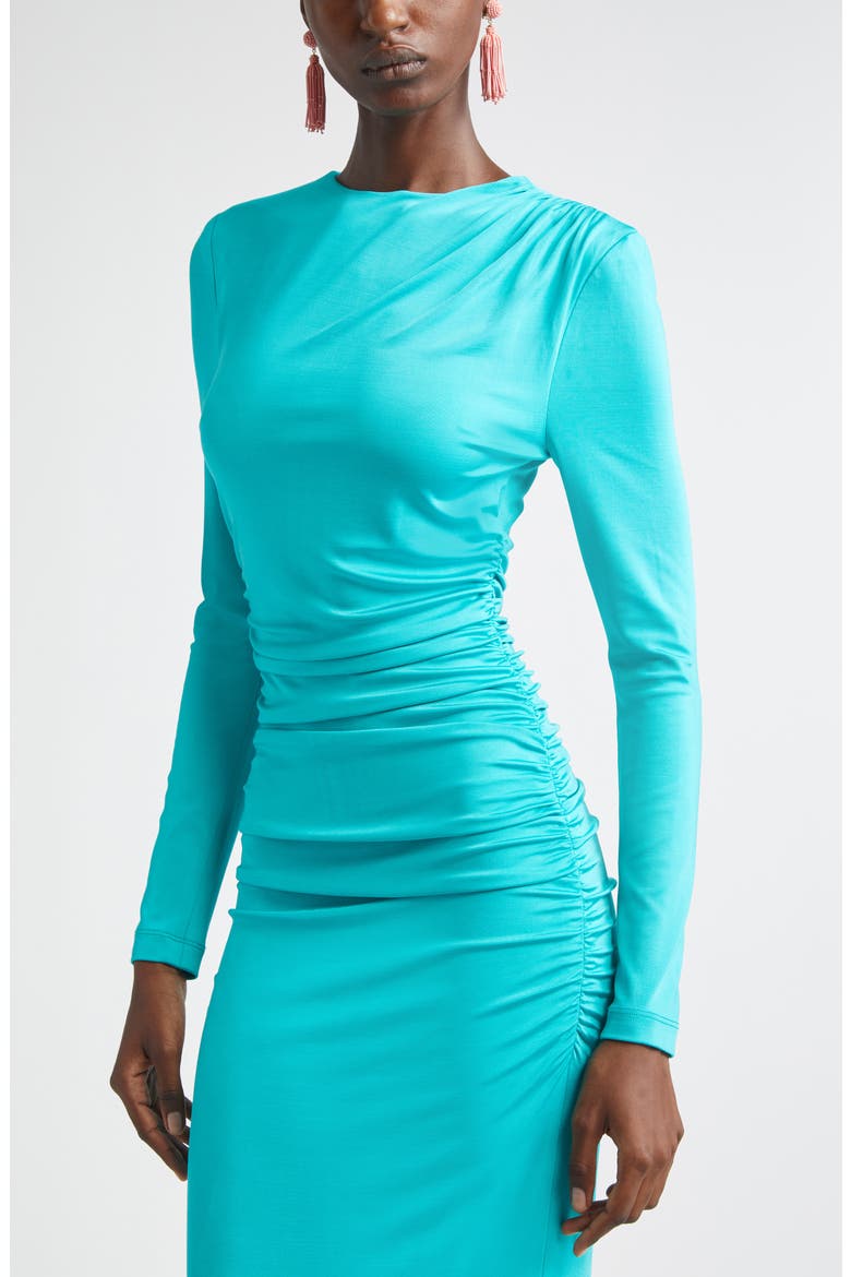 Ruched Long Sleeve Stretch Jersey Dress, Alternate, color, TURQUOISE