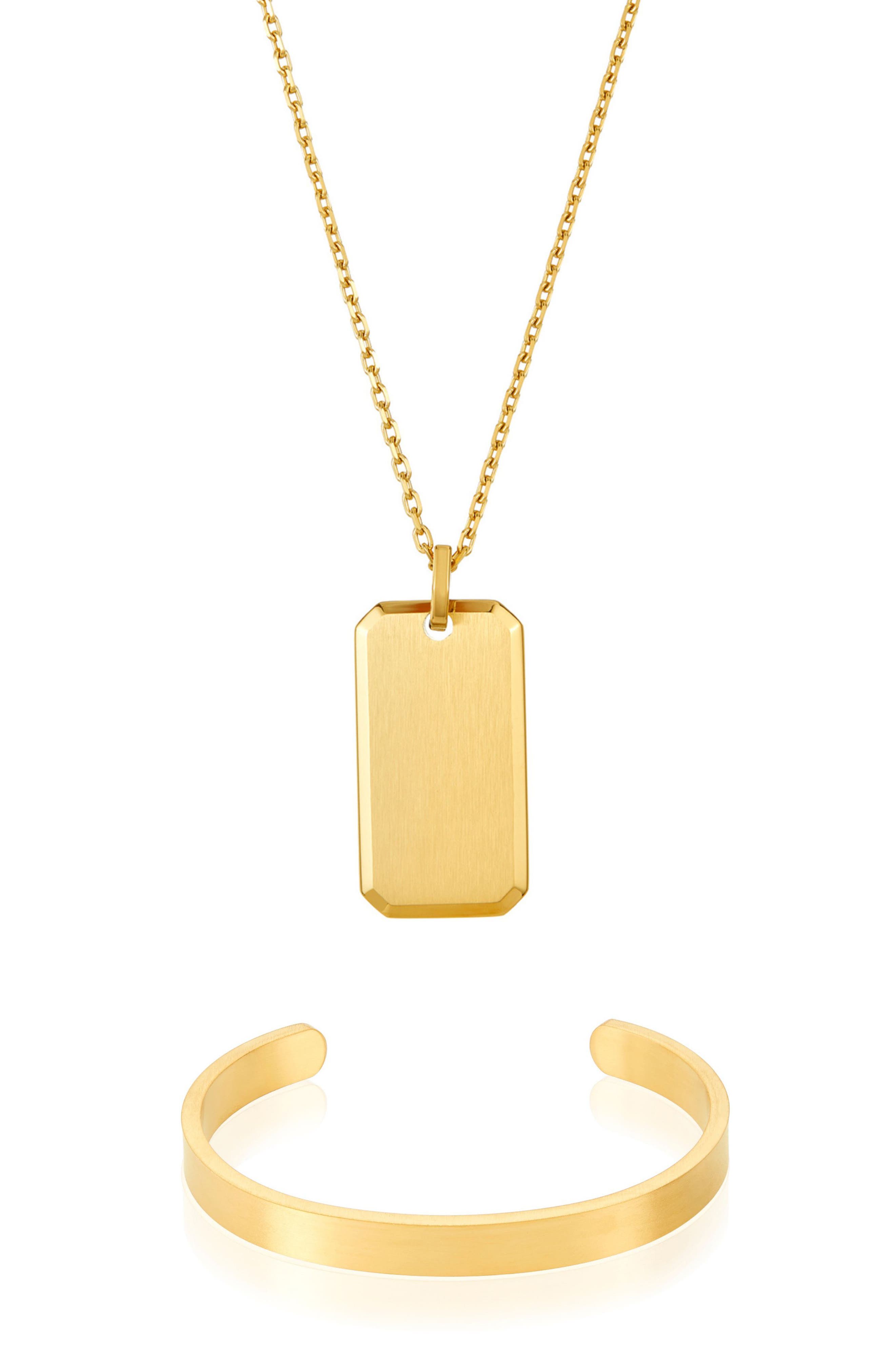 Adornia Men's Dog Tag Pendant Necklace & Cuff Bracelet Set