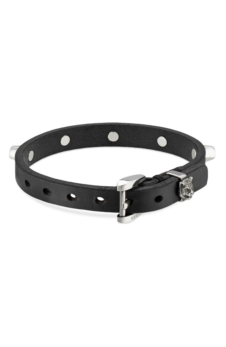 Gucci Feline Head Stud Leather Bracelet, Alternate, color, 