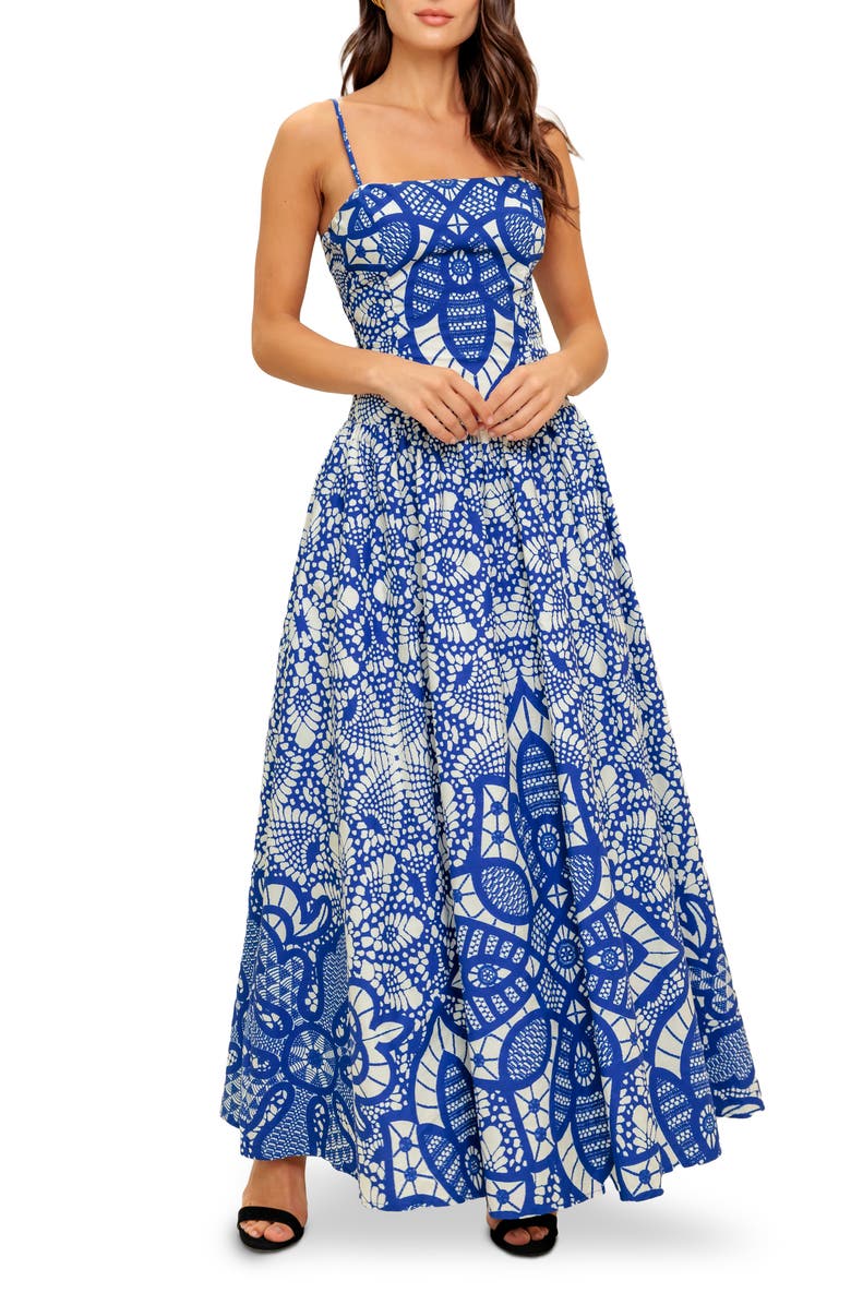 FLYING TOMATO Print Cotton Maxi Sundress, Main, color, Ivory Blue