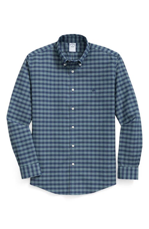 Plaid Wrinkle Resistant Stretch Cotton Button-Down Shirt