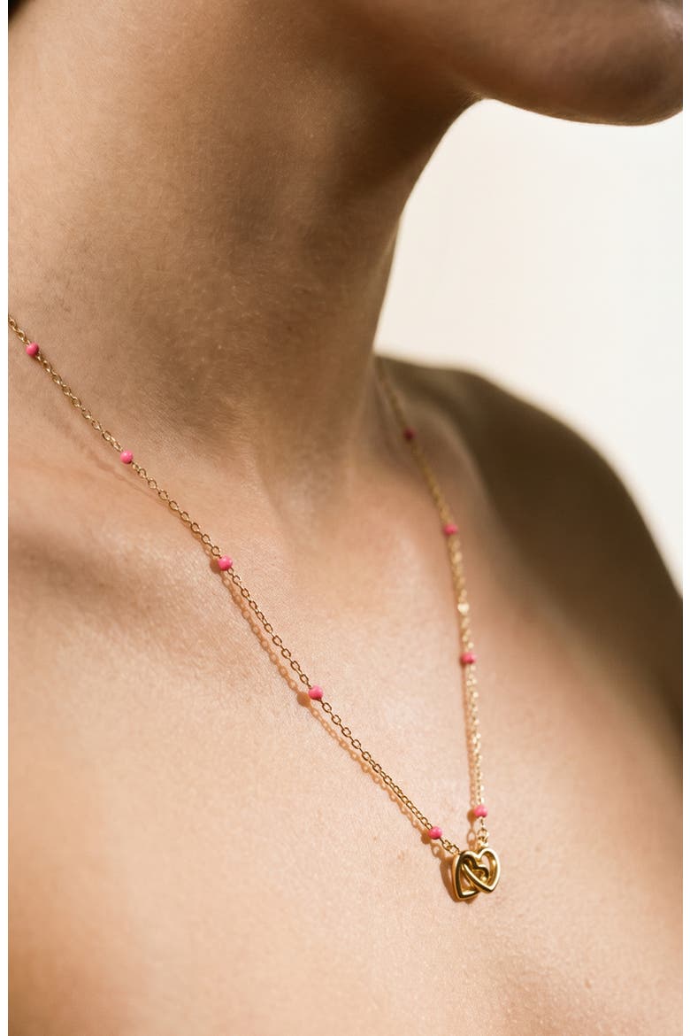 Pink Enamel Interlock Heart Charm Necklace, Alternate, color, GOLD