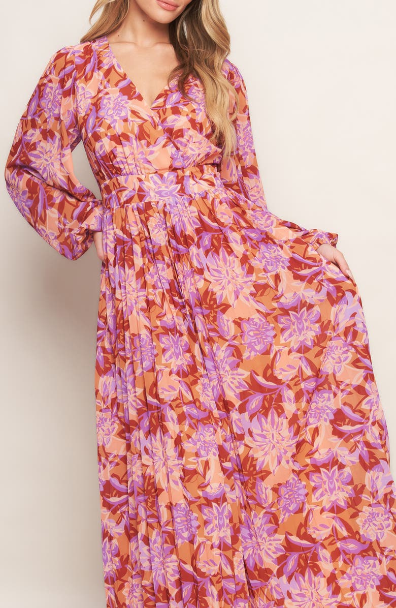 FLYING TOMATO Print Long Sleeve Maxi Dress, Alternate, color, Taupe Lavender