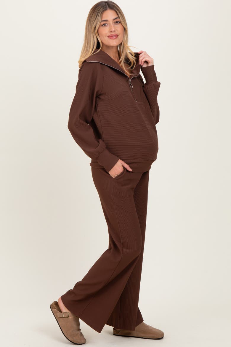 RIbbed Half Zip Pullover Wide Leg Pant Set, Alternate, color, Brown