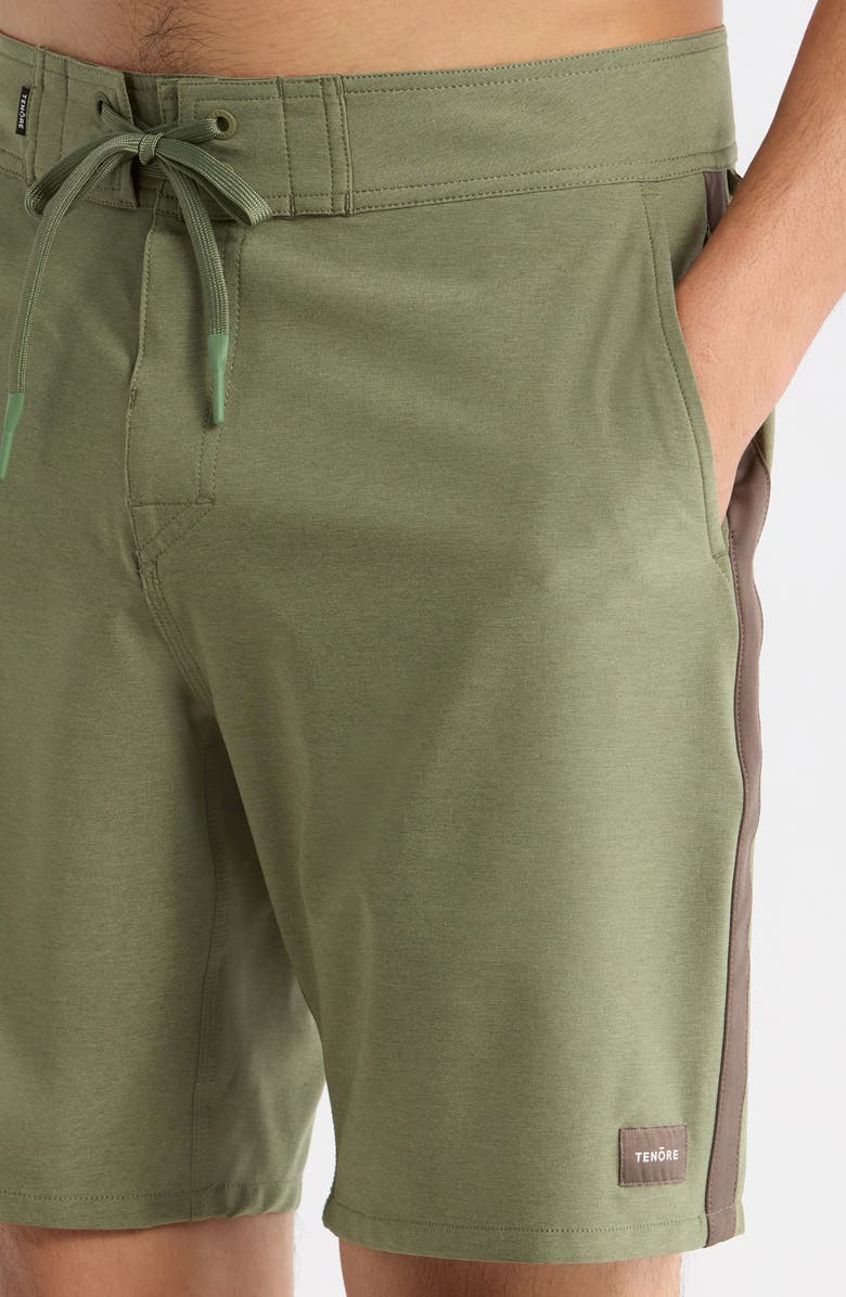 TENŌRE Tuxedo Stripe Board Shorts, Alternate, color, Olive