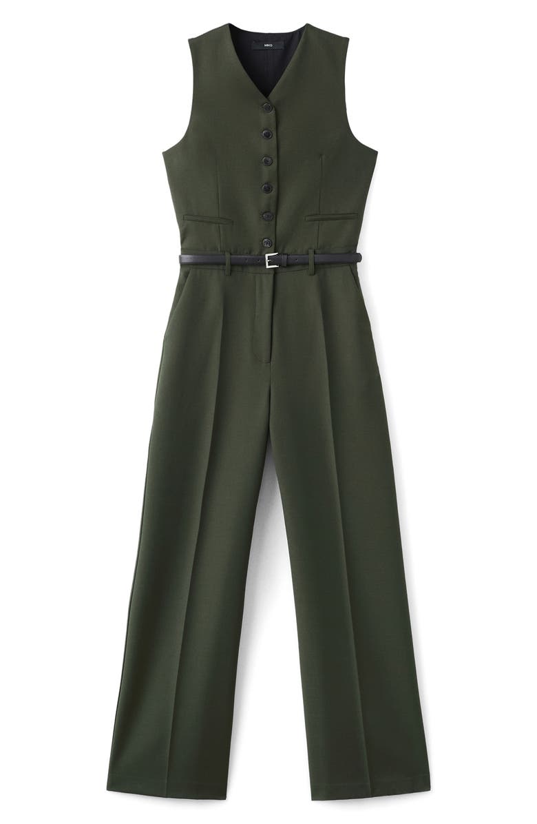 MANGO Belted Sleeveless Jumpsuit, Alternate, color, Khaki Green