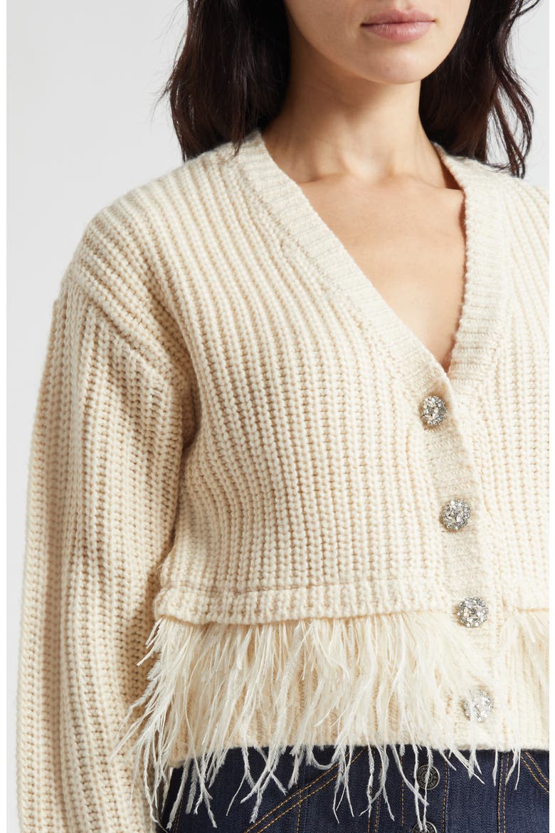 Krissi Embellished Button Feather Trim Cardigan, Alternate, color, GARDENIA