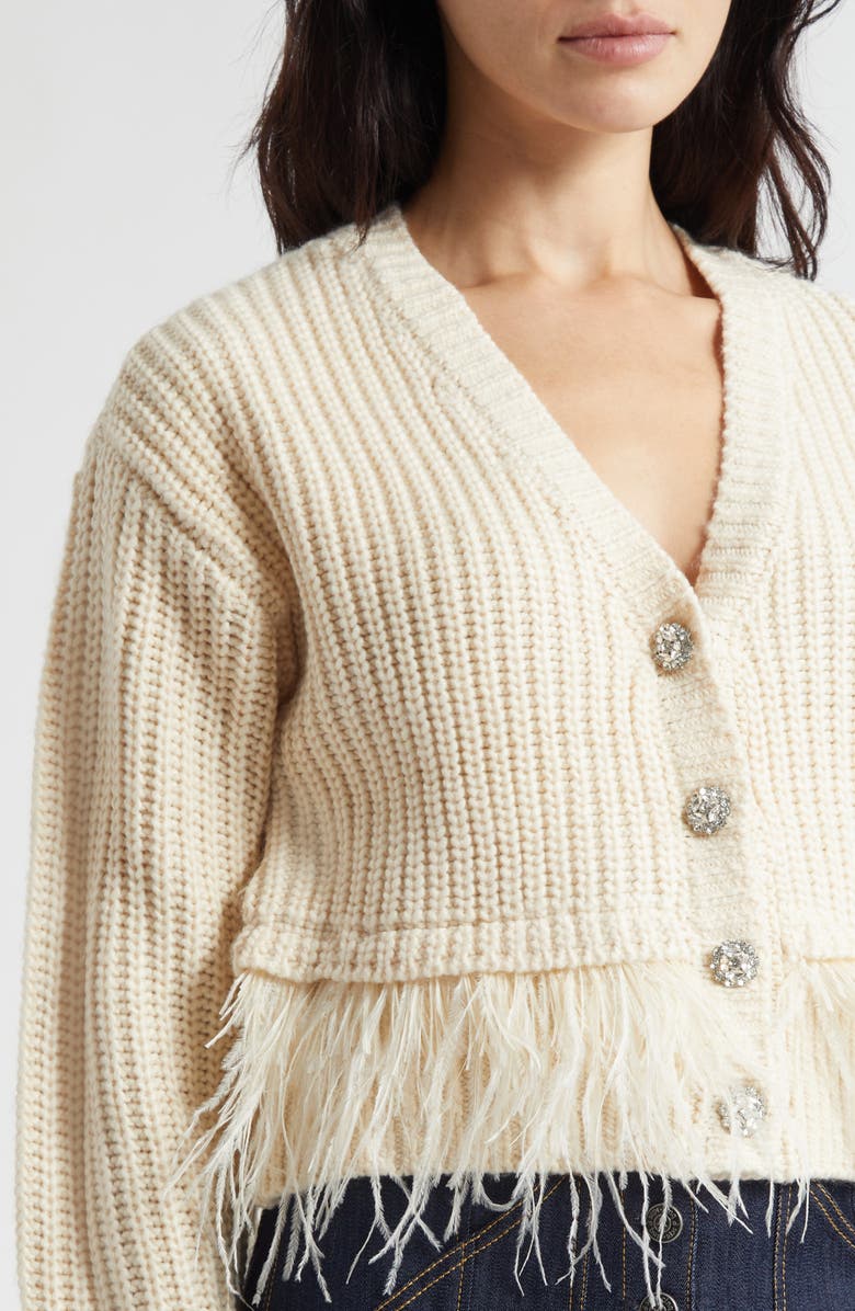 Cinq à Sept Krissi Embellished Button Feather Trim Cardigan, Alternate, color, Gardenia
