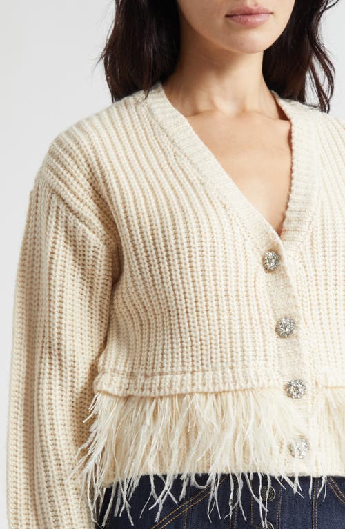 Cinq À Sept Krissi Embellished Button Feather Trim Cardigan In Neutral