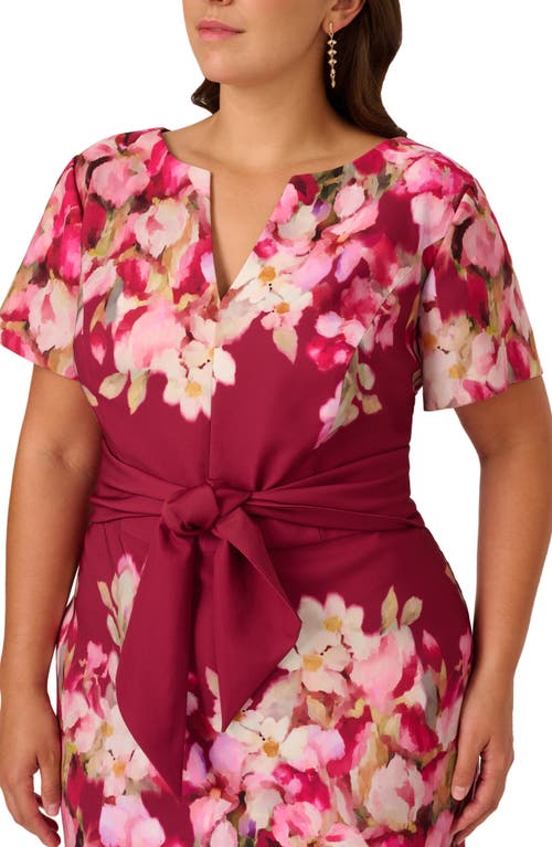 Adrianna Papell Floral Print Tie Front Stretch Twill Sheath Dress In Red