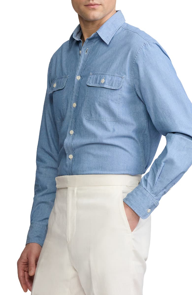 Ralph Lauren Purple Label Washed Cotton Chambray Button-Up Shirt, Alternate, color, Medium Bermuda Wash