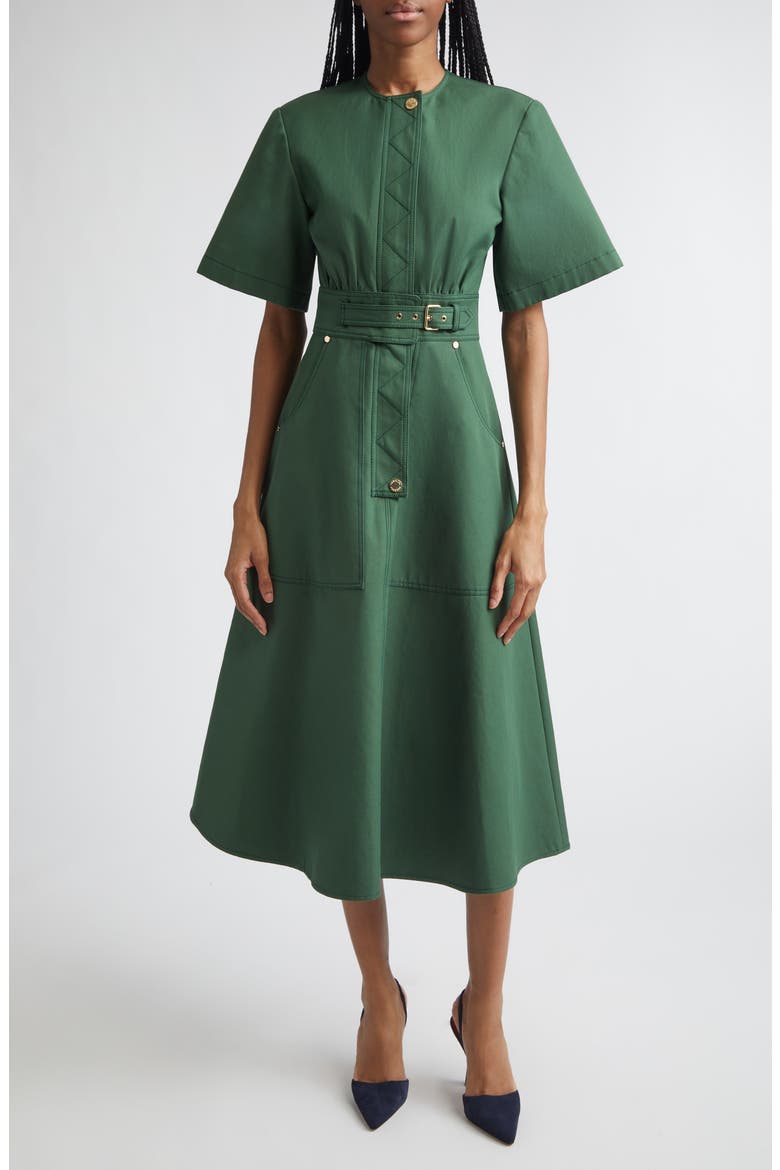 Cotton Gabardine A-Line Midi Dress, Main, color, RACING GREEN