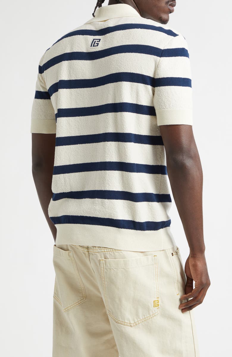 Balmain Marinière Stripe Cotton Blend Terry Cloth Polo, Alternate, color, Natural/ Navy