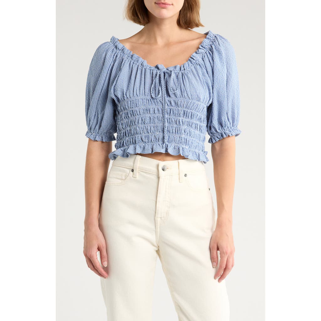 Nsr Smocked Bubble Sleeve Top In Blue