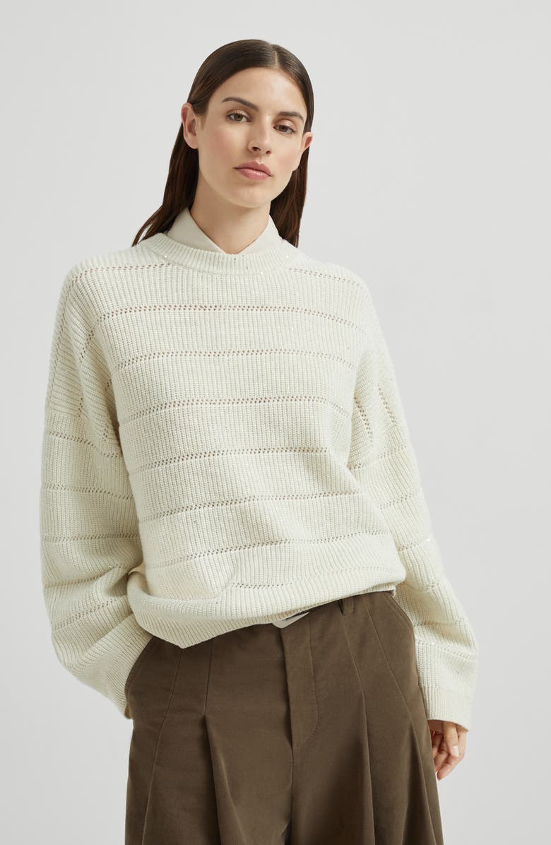 Brunello Cucinelli Dazzling sweater with openwork stripes, Alternate, color, Butter