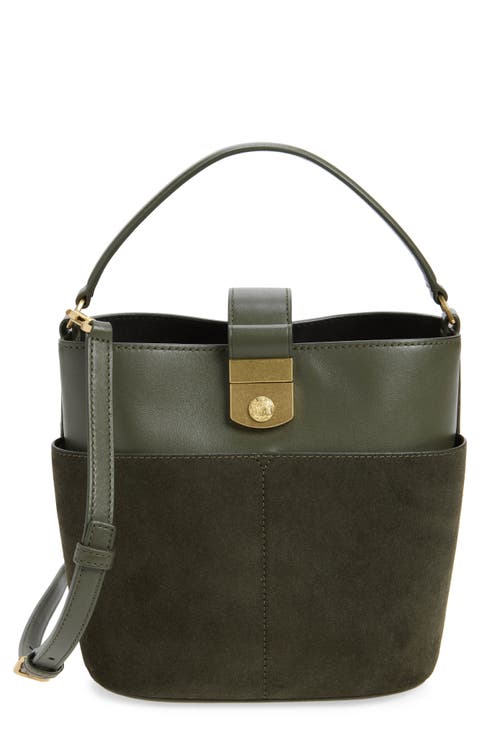 Small Crest Lock Leather Bucket Bag