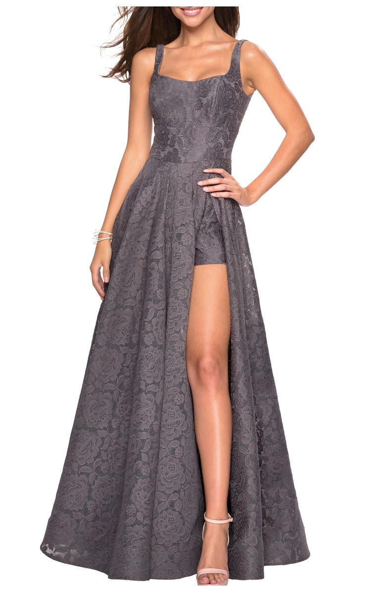 La Femme Long Lace Prom Dress with Attached Shorts, Main, color, Gunmetal