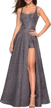 La Femme Long Lace Prom Dress with Attached Shorts