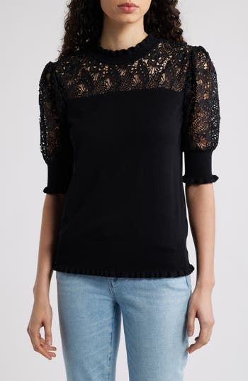 Elie Tahari The Felicity Lace Panel Sweater In Black