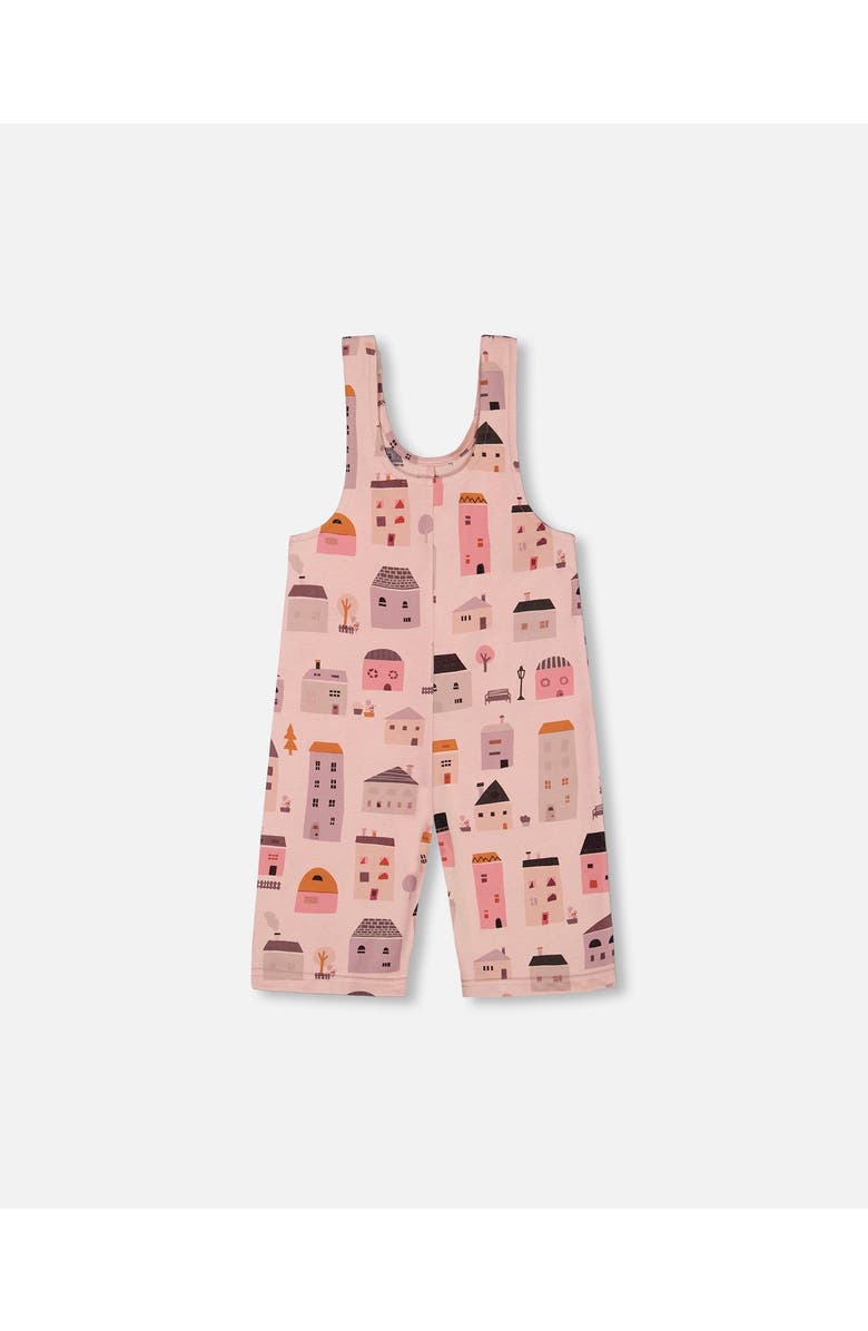 Deux par Deux Girl's Printed French Terry Overalls Pink And Coral Houses, Alternate, color, 
