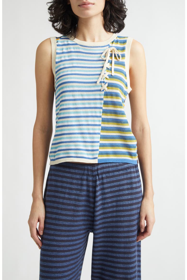 Romy Stripe Lace-Up Sleeveless Cotton Blend Sweater, Main, color, SKY MULTI