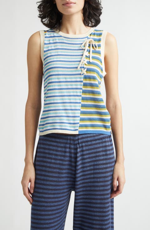 Romy Stripe Lace-Up Sleeveless Cotton Blend Sweater