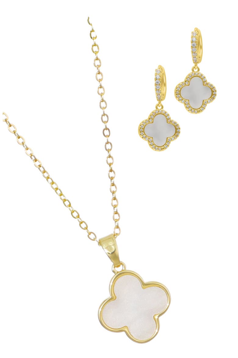 Clover Drop Huggie Hoop Earrings & Pendant Necklace Set, Main, color, GOLD