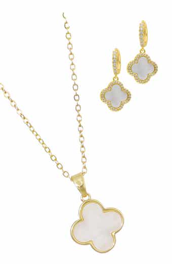 Clover Drop Huggie Hoop Earrings & Pendant Necklace Set