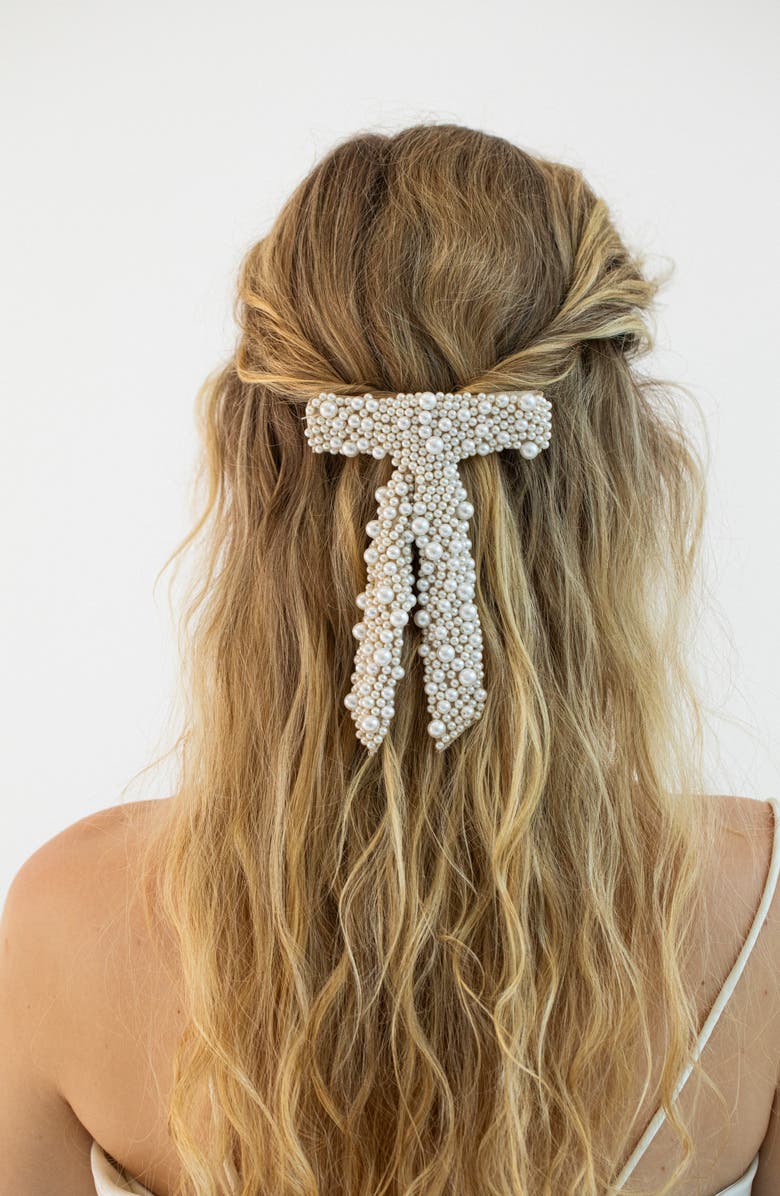Jennifer Behr Donna Faux Pearl Bow Barrette, Alternate, color, Pearl