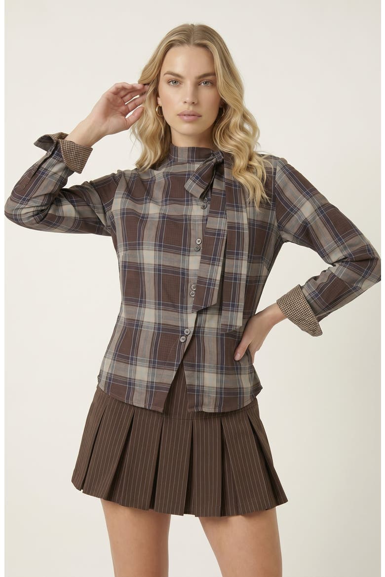 Plaid Long Sleeve Button Up Blouse with Side Tie, Main, color, Brown