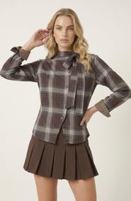 Modenaire Plaid Long Sleeve Button Up Blouse with Side Tie
