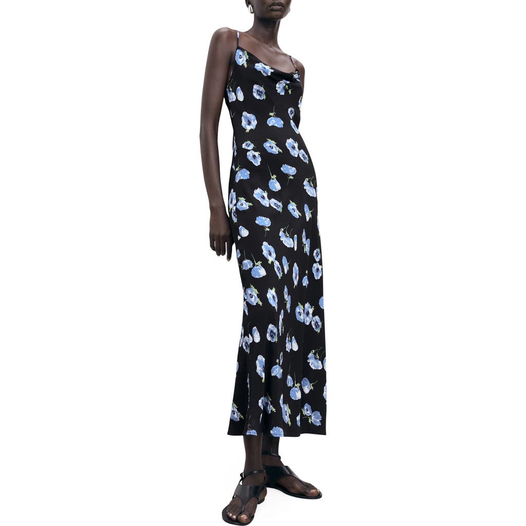 Mango Kendal Print Cowl Neck Crepe Slipdress In Black