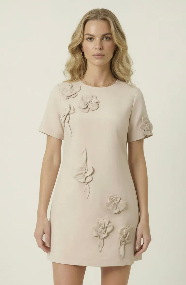 Modenaire Floral Appliqué Mini Shift Dress, Main, color, Pale Beige