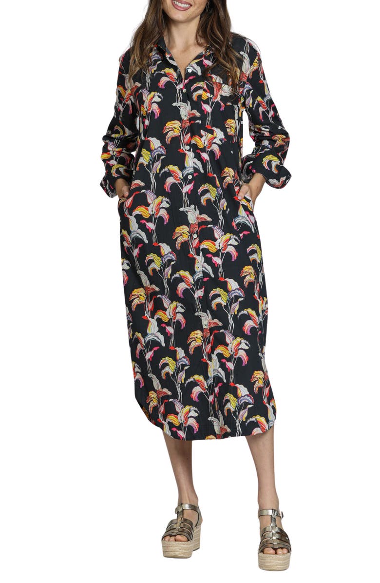 APNY Printed Long Sleeve Cotton Shirtdress, Main, color, Black Multi