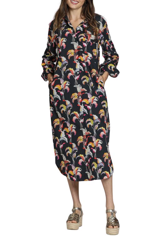 Apny Printed Long Sleeve Cotton Shirtdress In Black Multi