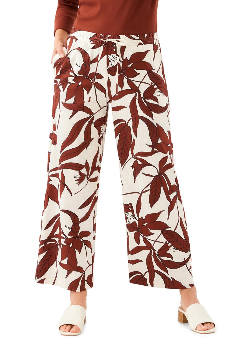 Floral Print Stretch Cotton Drawstring Wide Leg Pants, Main, color, BROWN PRINT