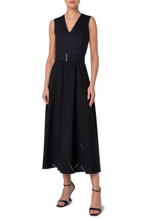 Mixed Media Windowpane Check Belted Midi Dress