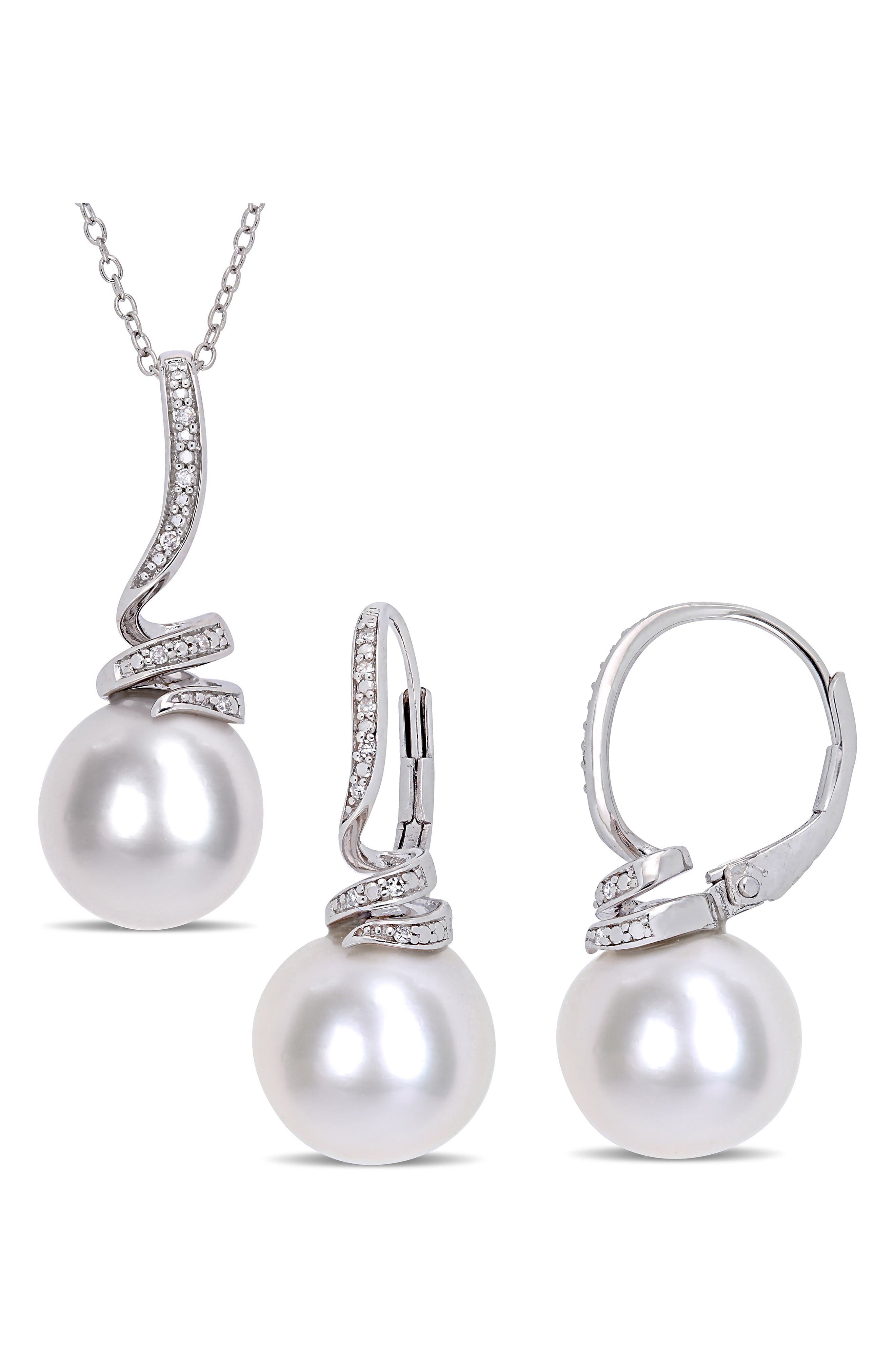DELMAR Cultured Freshwater Pearl & Diamond Necklace & Drop Earrings Set - 0.10ct.