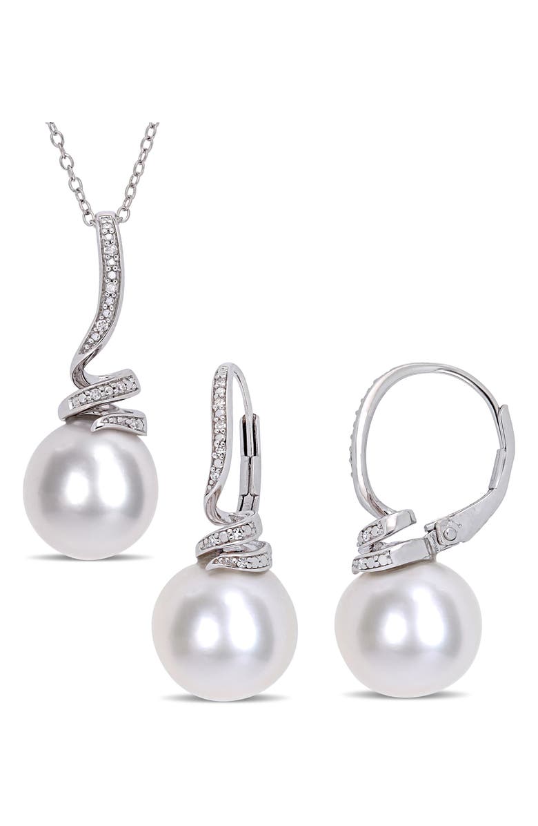 DELMAR Cultured Freshwater Pearl & Diamond Necklace & Drop Earrings Set - 0.10ct., Main, color, White