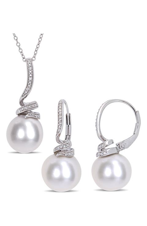 Cultured Freshwater Pearl & Diamond Necklace & Drop Earrings Set - 0.10ct.