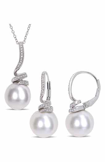 Cultured Freshwater Pearl & Diamond Necklace & Drop Earrings Set - 0.10ct.