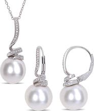 DELMAR Cultured Freshwater Pearl & Diamond Necklace & Drop Earrings Set - 0.10ct.