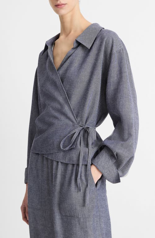 Vince Collared Linen-blend Wrap Top In Mid Indigo