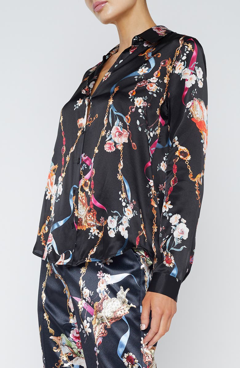 L'AGENCE Tyler Floral Print Long Sleeve Silk Shirt, Alternate, color, Black Multi Rococo Angel
