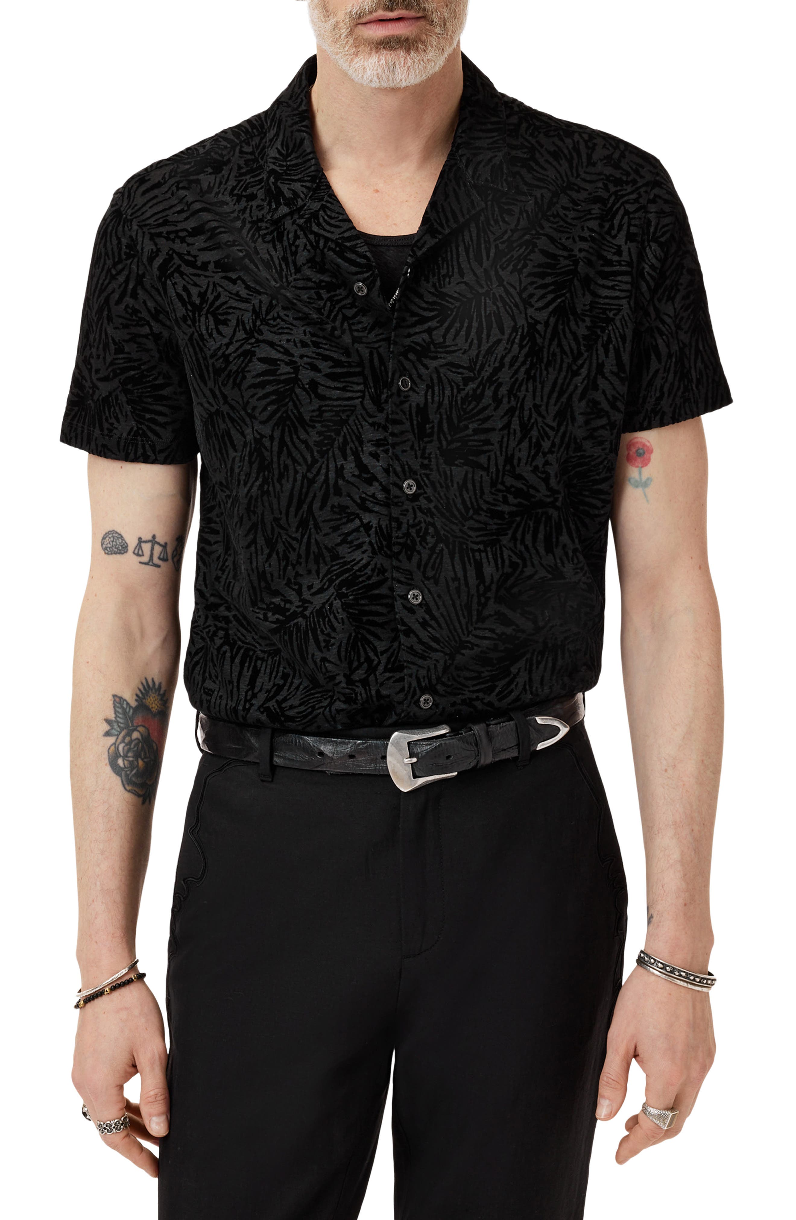 John Varvatos Matera Frond Jacquard Short Sleeve Organic Linen Button-Up Shirt