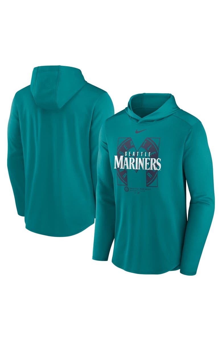 Nike Men's Nike Aqua Seattle Mariners Team Letterman Performance Hooded Long Sleeve T-Shirt, Main, color, 