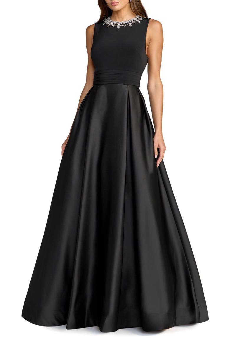Floral Embroidered Jersey Long Sleeve Gown, Main, color, Black